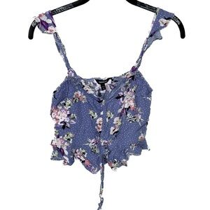 Express Tank Top Ruched Ruffle Flutter Sleeves Round Hem Dotted Floral Crop Tank